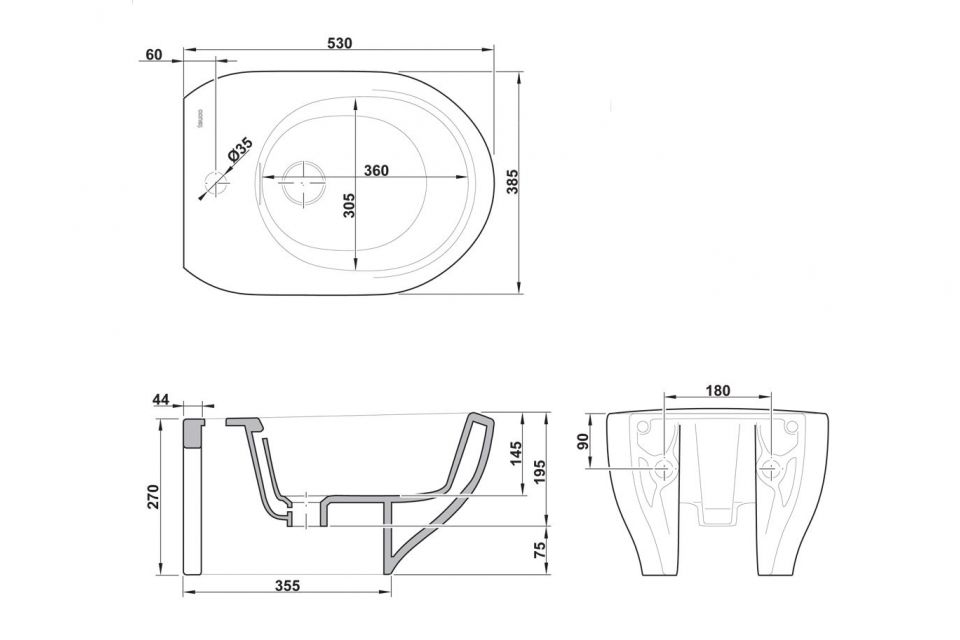 Outline биде 53x38,5 Teuco. Технические характеристики